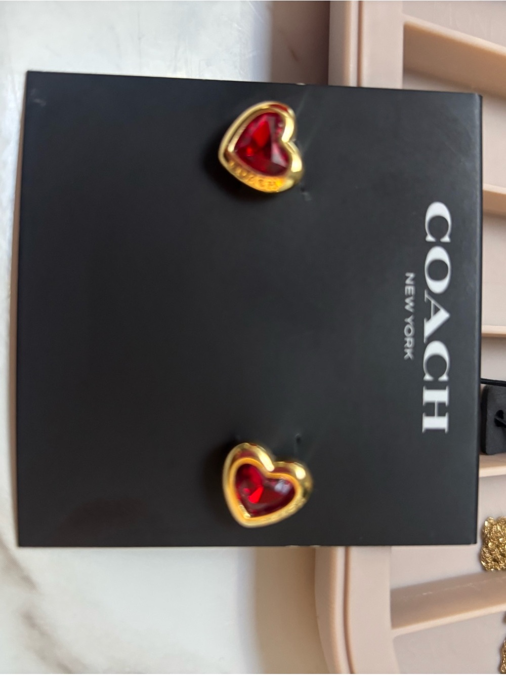 COACH Gold-Tone Heart Stud Earrings with Red Crystal Centers - Picture 6 of 6